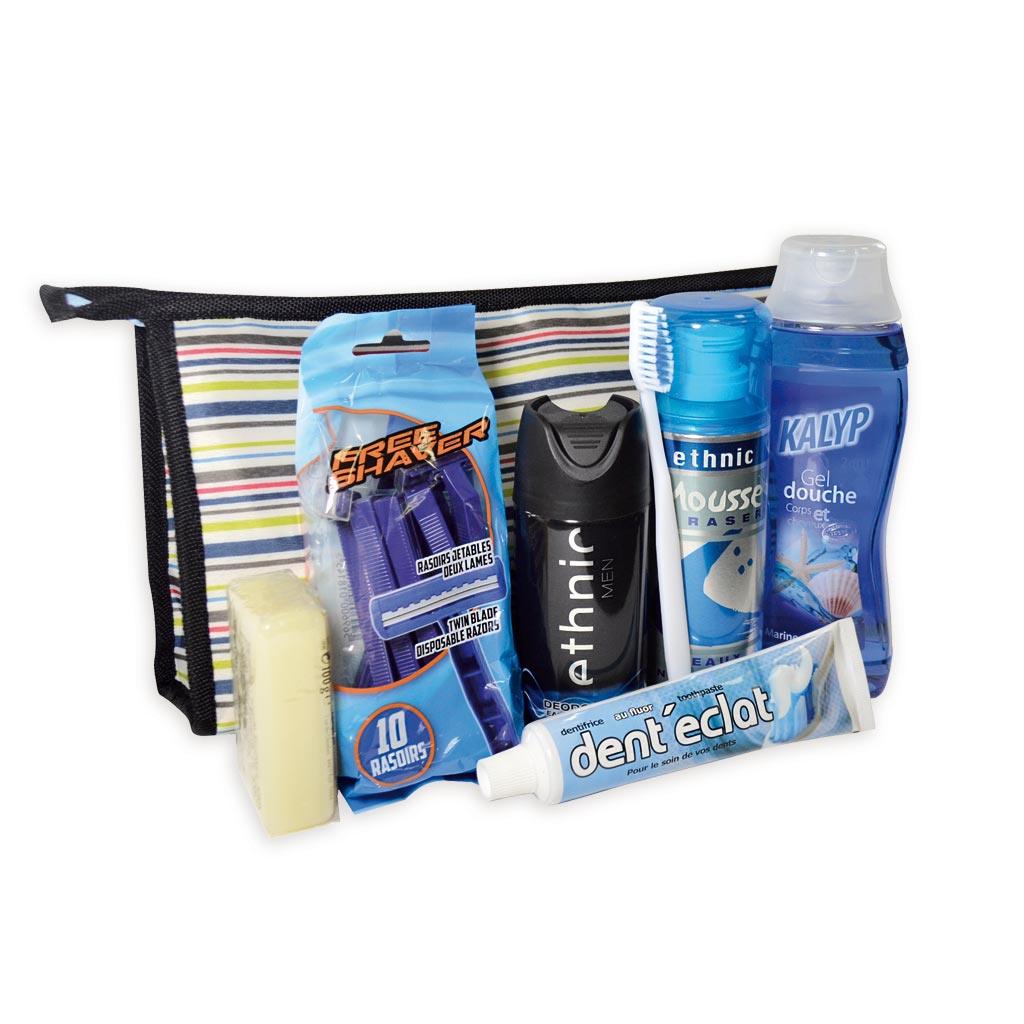 Kit de voyage personnalisé. Kit accessoires de toilette pour voyageur